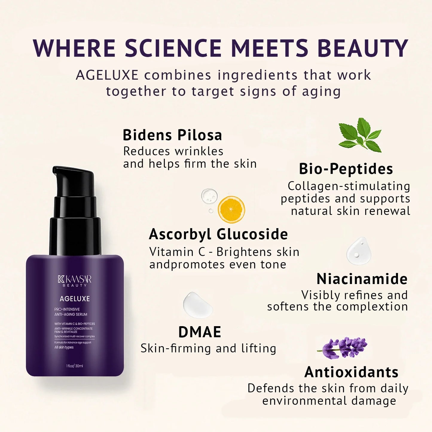 Ageluxe Anti Aging Serum – Vitamin C, Niacinamide & Bio Peptides