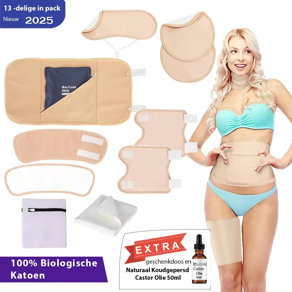 Castor Oil Pack Set Complete – 12-Piece – 100% Organic Cotton – For Stomach, Neck, Breasts, Knees, Arms, Legs & Feet