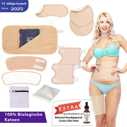 Castor Olie Pack Set Compleet – 12-Delig – 100% Biologisch Katoen – Voor Buik, Nek, Borsten, Knieën, Armen, Benen & Voeten